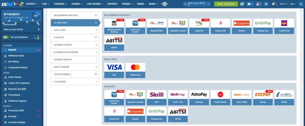 Depositing and withdrawal at 1xBet Korea